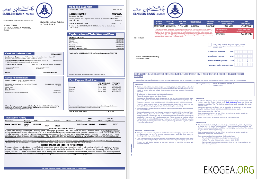 Relevé hypothécaire de la banque soudanaise Al Neelen aux formats Word et PDF, 3 pages 1 , 2